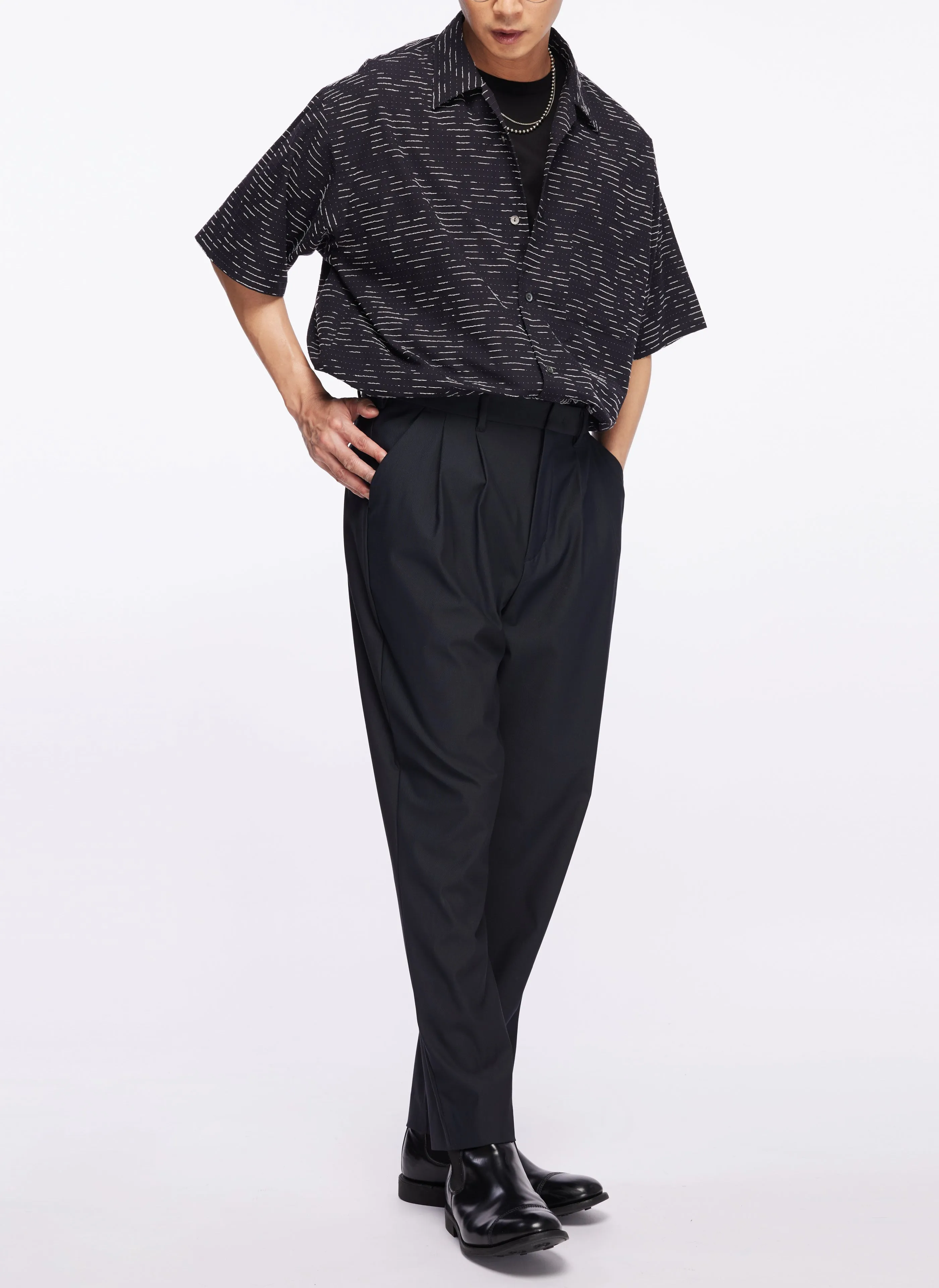 Albini Cotton Jacquard Short Sleeve Open Collar Shirt