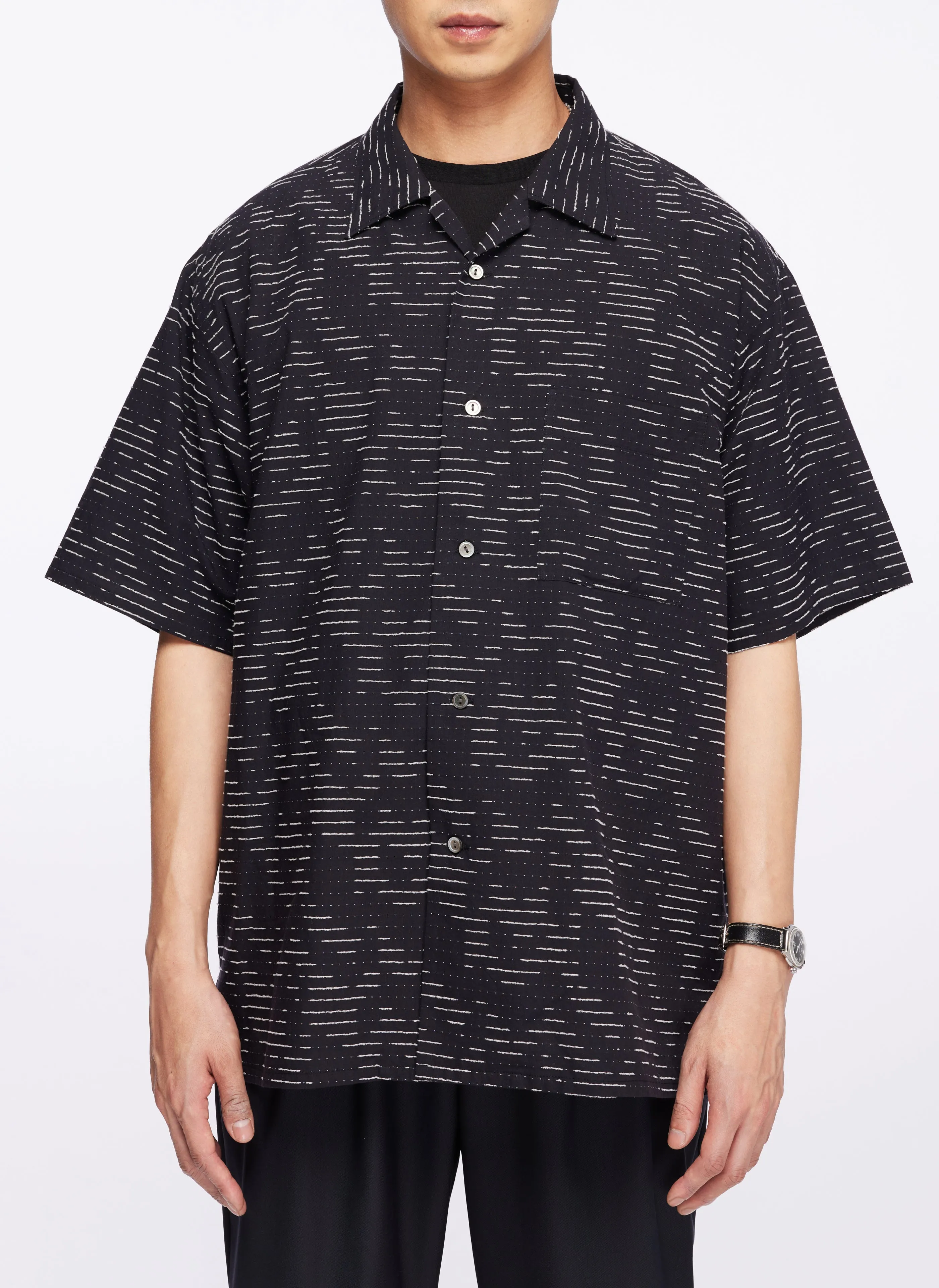Albini Cotton Jacquard Short Sleeve Open Collar Shirt