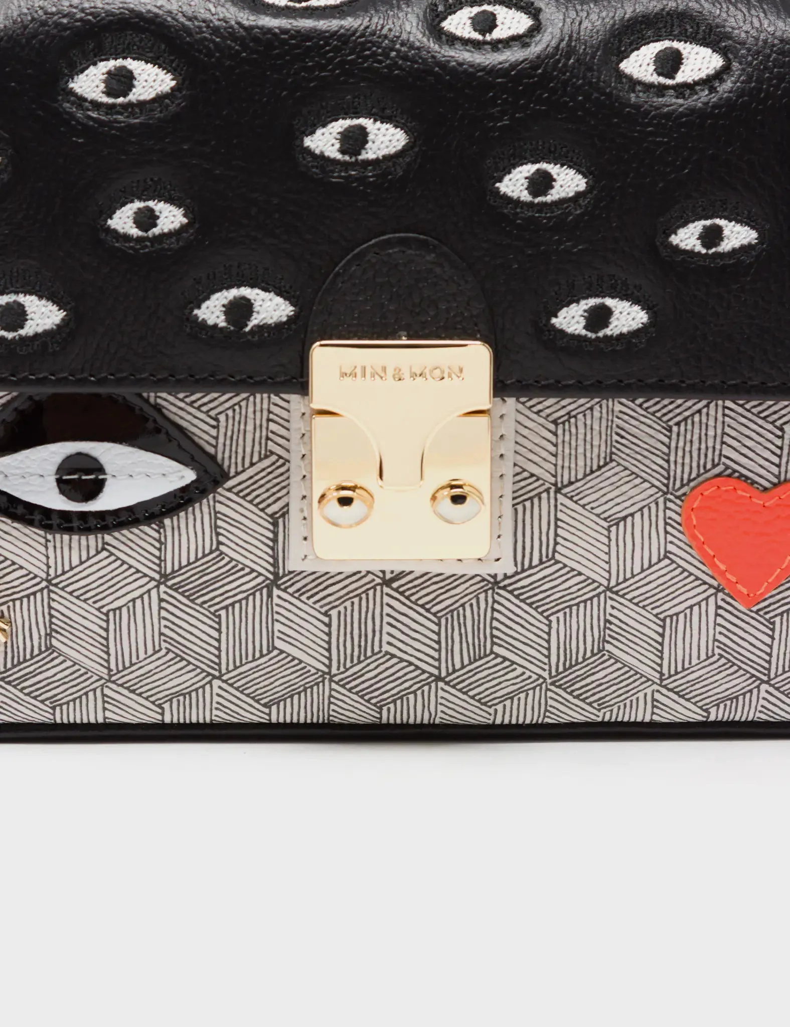 Amantis Black And Cream Leather Crossbody Mini Handbag - All Over Eyes Embroidery