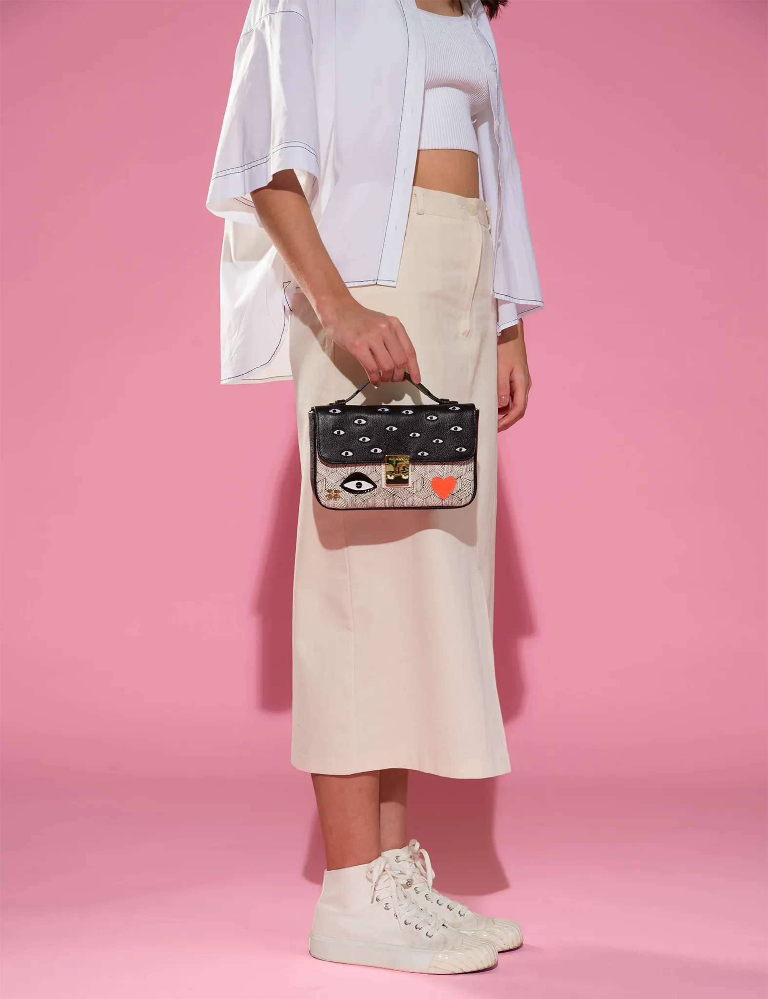 Amantis Black And Cream Leather Crossbody Mini Handbag - All Over Eyes Embroidery