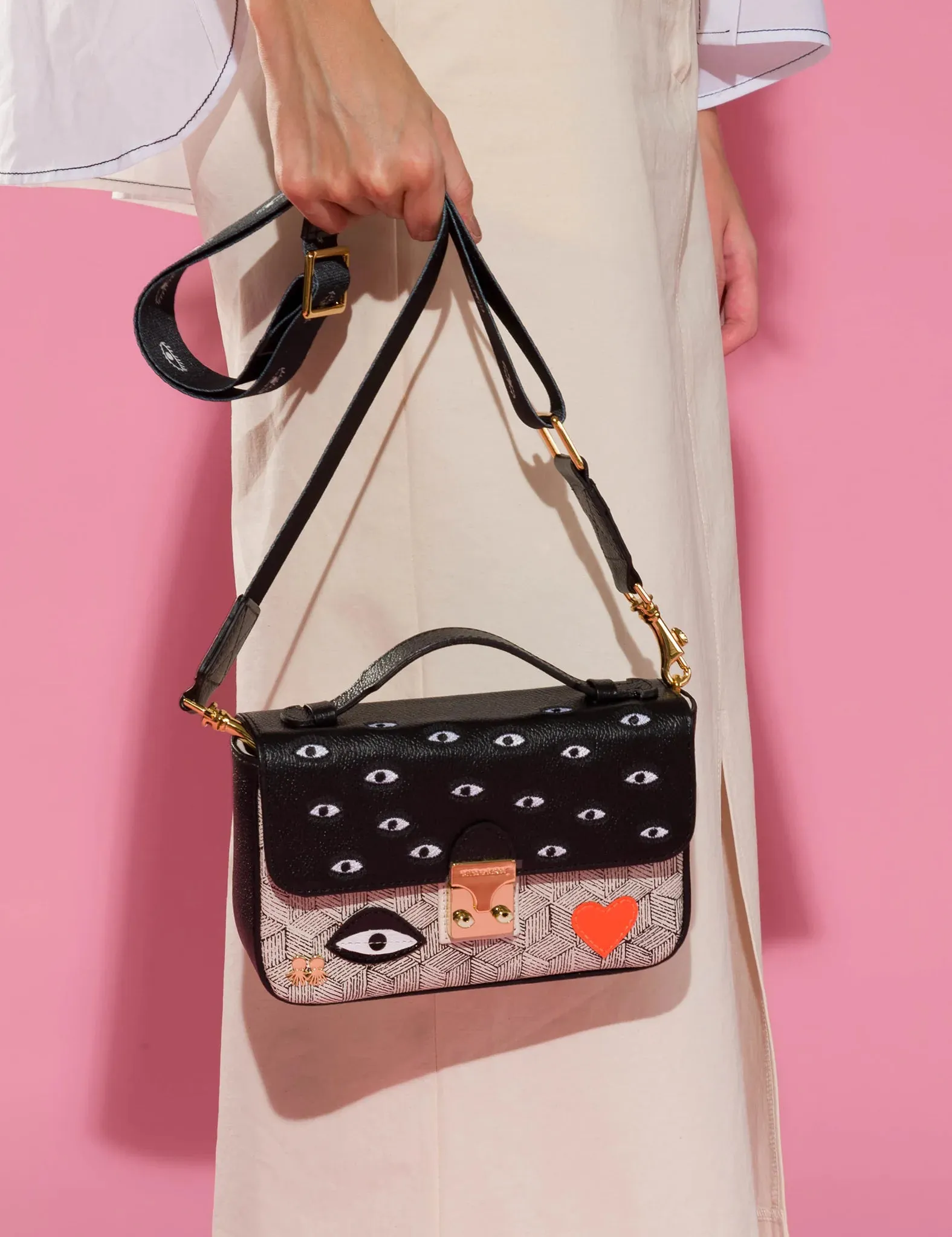 Amantis Black And Cream Leather Crossbody Mini Handbag - All Over Eyes Embroidery