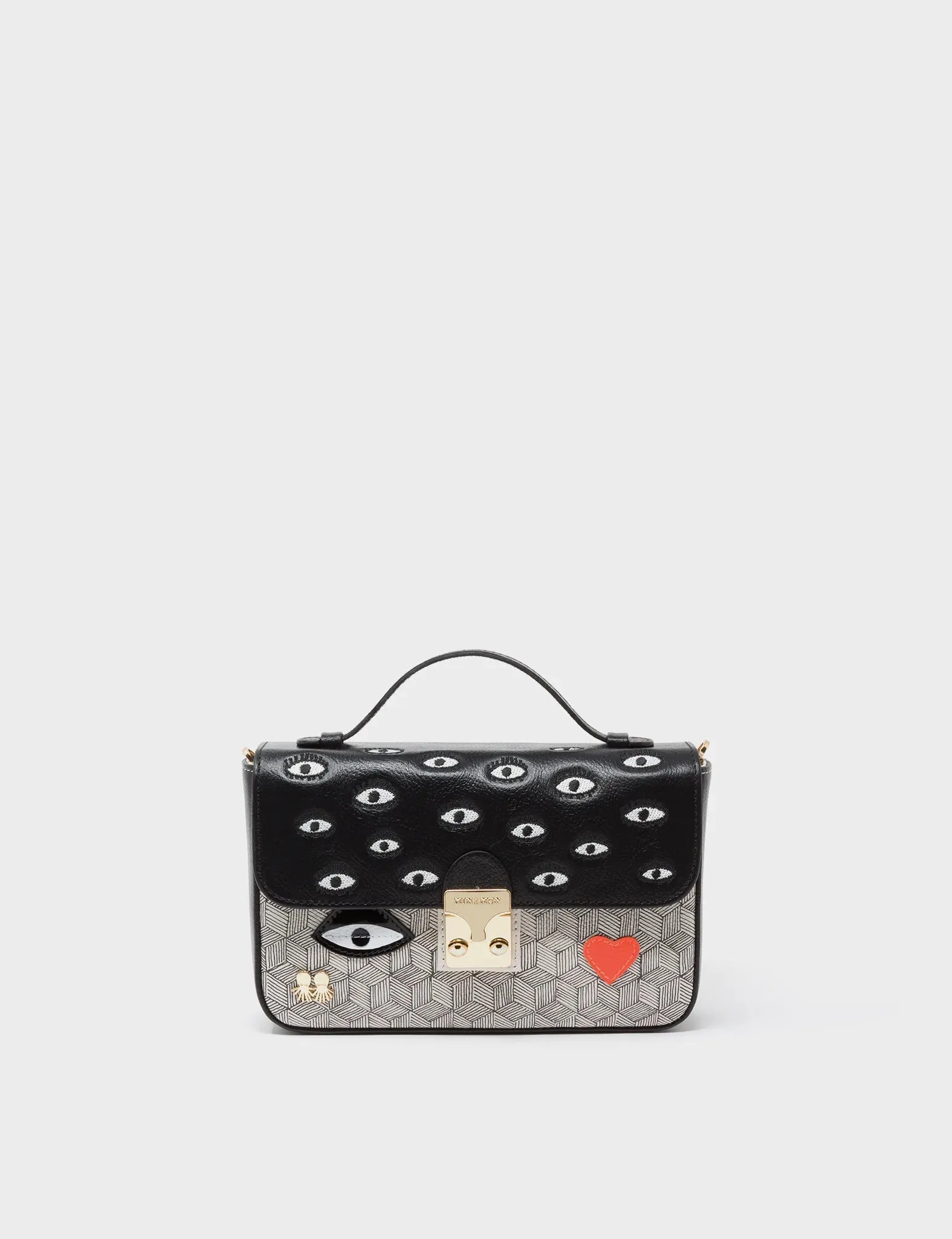 Amantis Black And Cream Leather Crossbody Mini Handbag - All Over Eyes Embroidery
