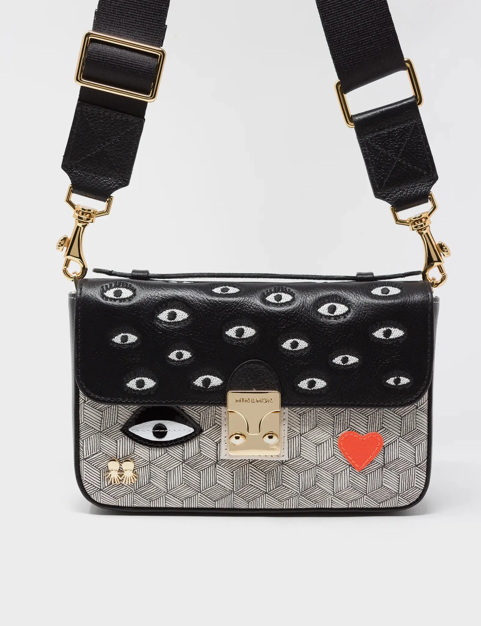 Amantis Black And Cream Leather Crossbody Mini Handbag - All Over Eyes Embroidery