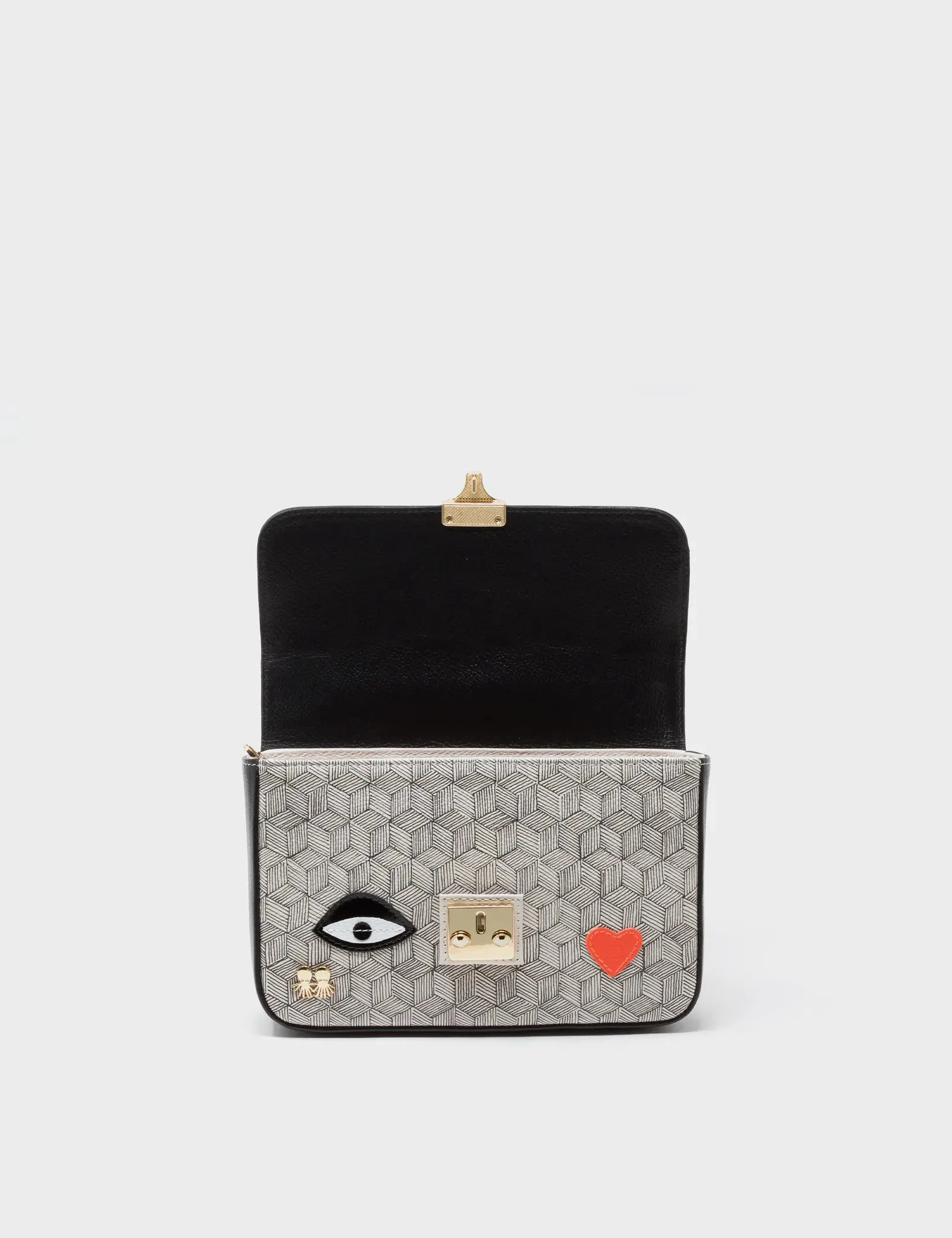 Amantis Black And Cream Leather Crossbody Mini Handbag - All Over Eyes Embroidery