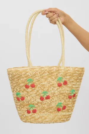 Beige Cherry Straw Tote Bag