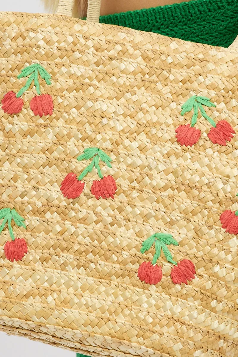 Beige Cherry Straw Tote Bag