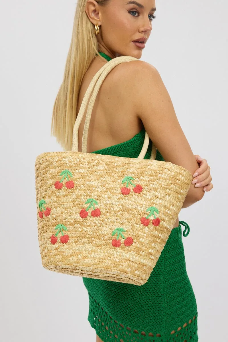Beige Cherry Straw Tote Bag
