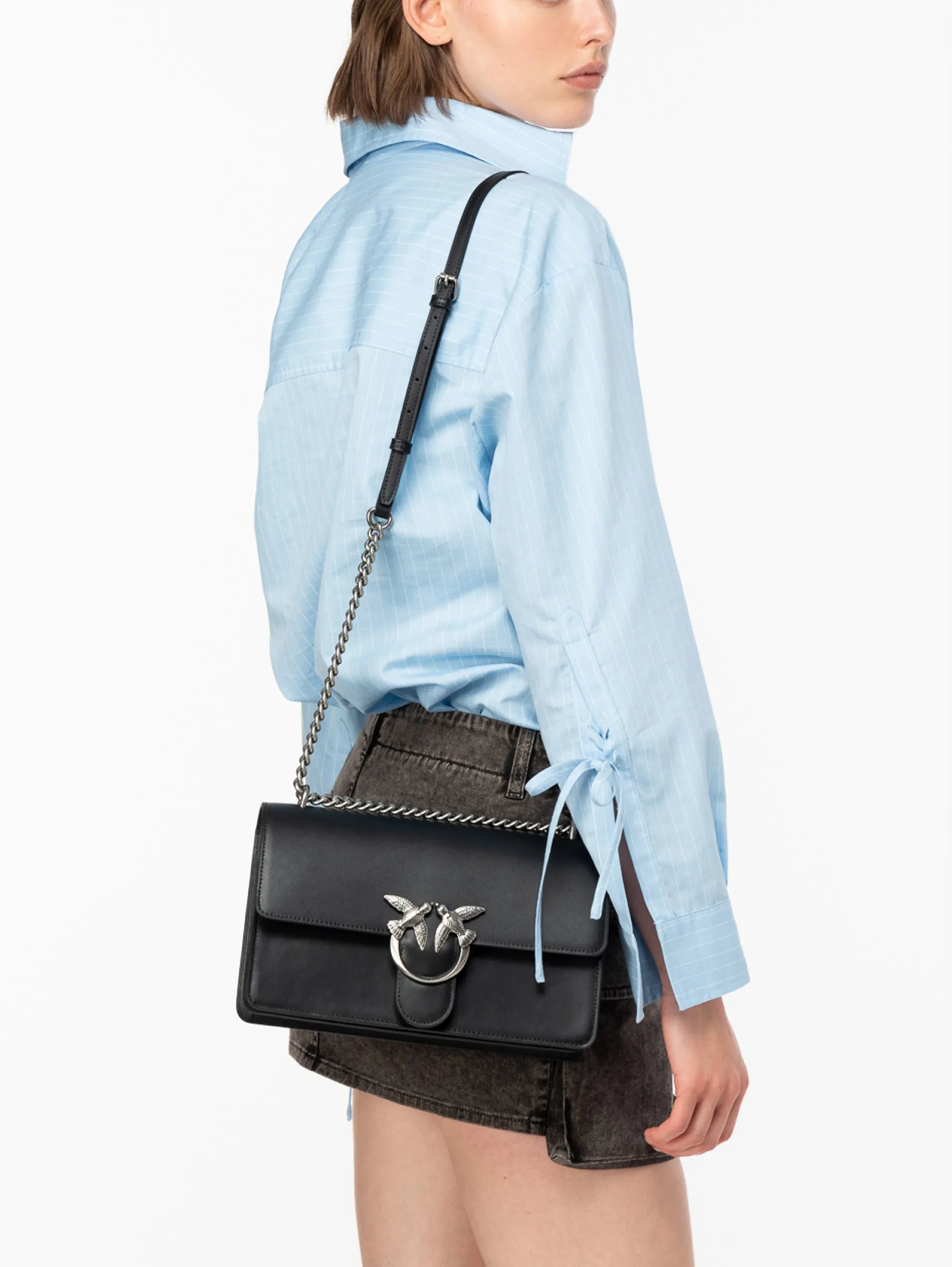 Black Leather Hand Silk Shoulder Bag