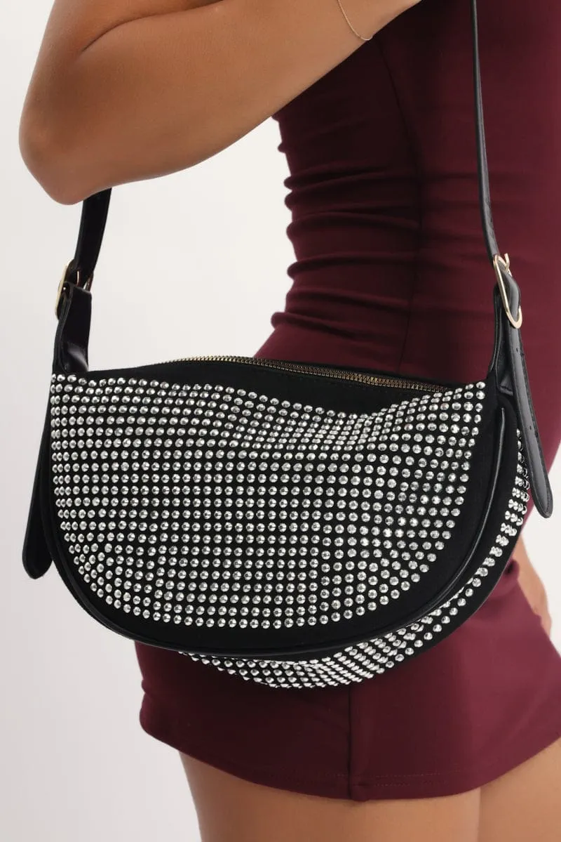 Black Rhinestones Crescent Bag