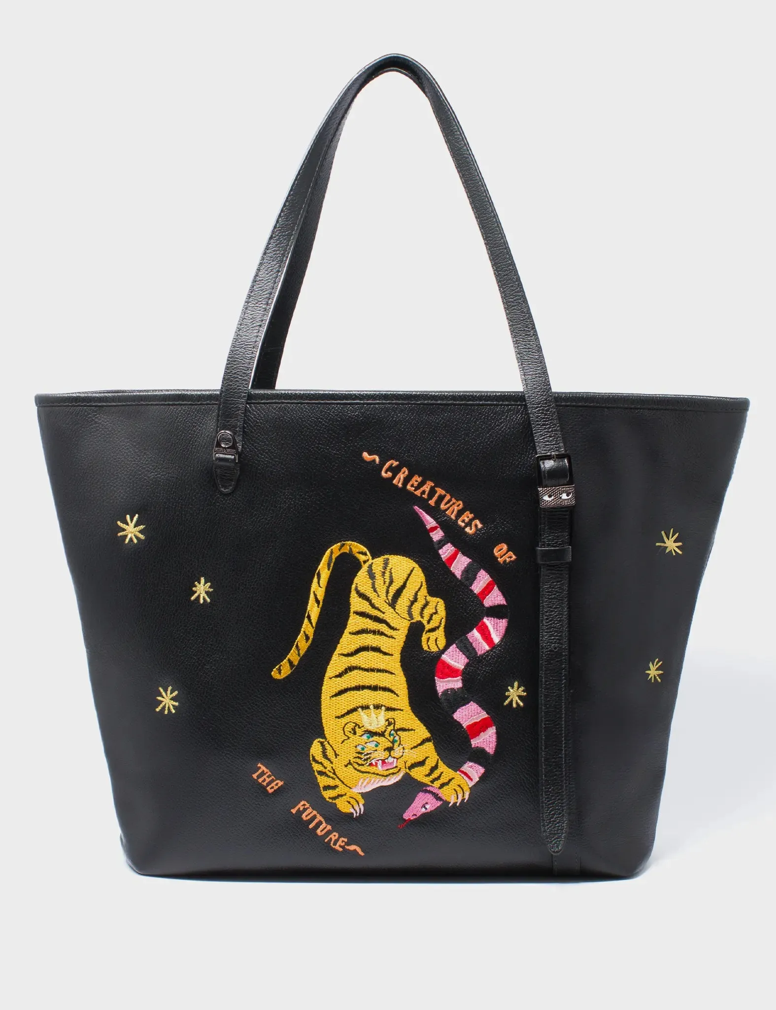 Bruno Black Leather Tote Bag - Creatures of the Future Embroidery
