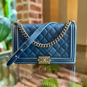 CHANEL Medium Boy Blue Metallic Calfskin Perforated Shoulder Flap Bag