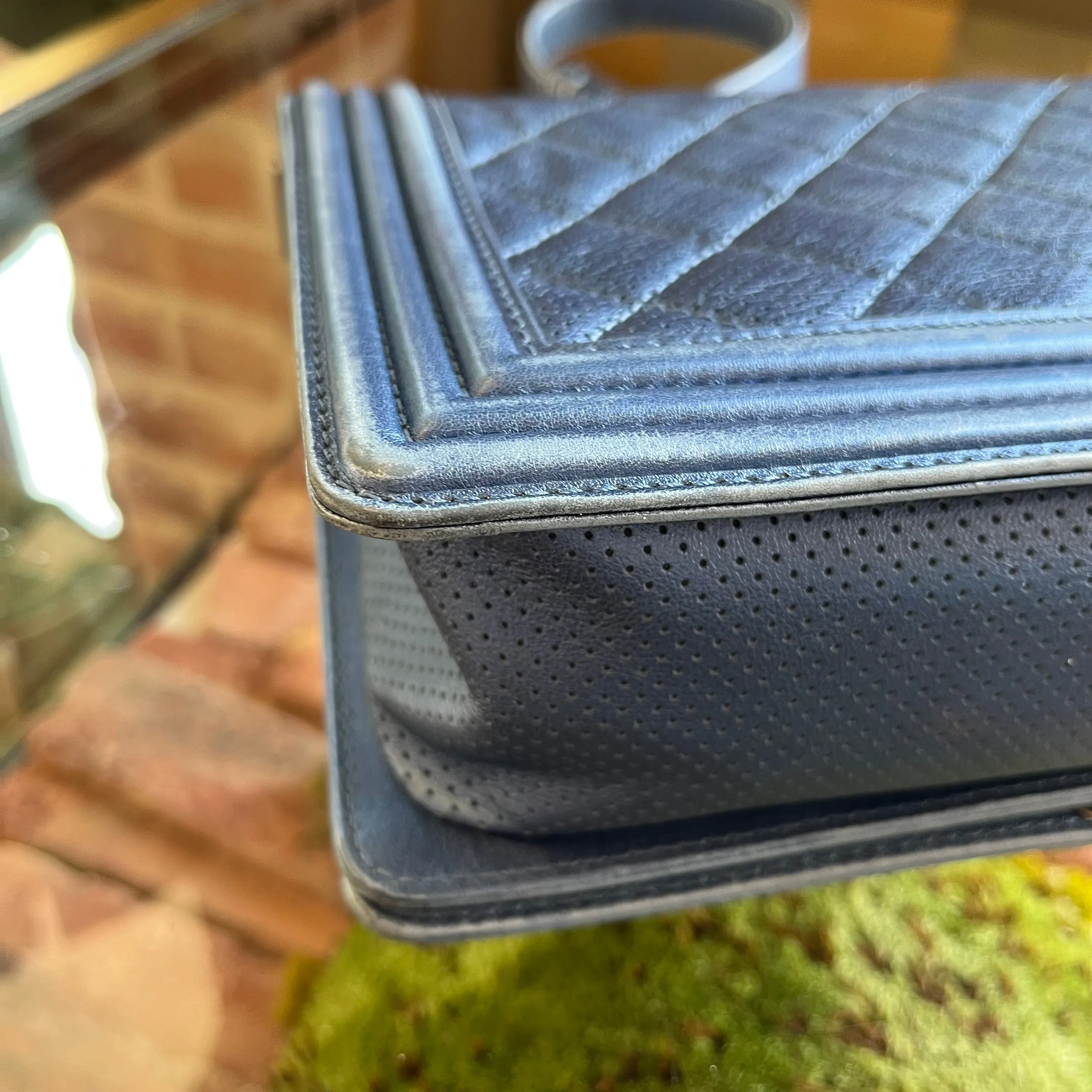 CHANEL Medium Boy Blue Metallic Calfskin Perforated Shoulder Flap Bag