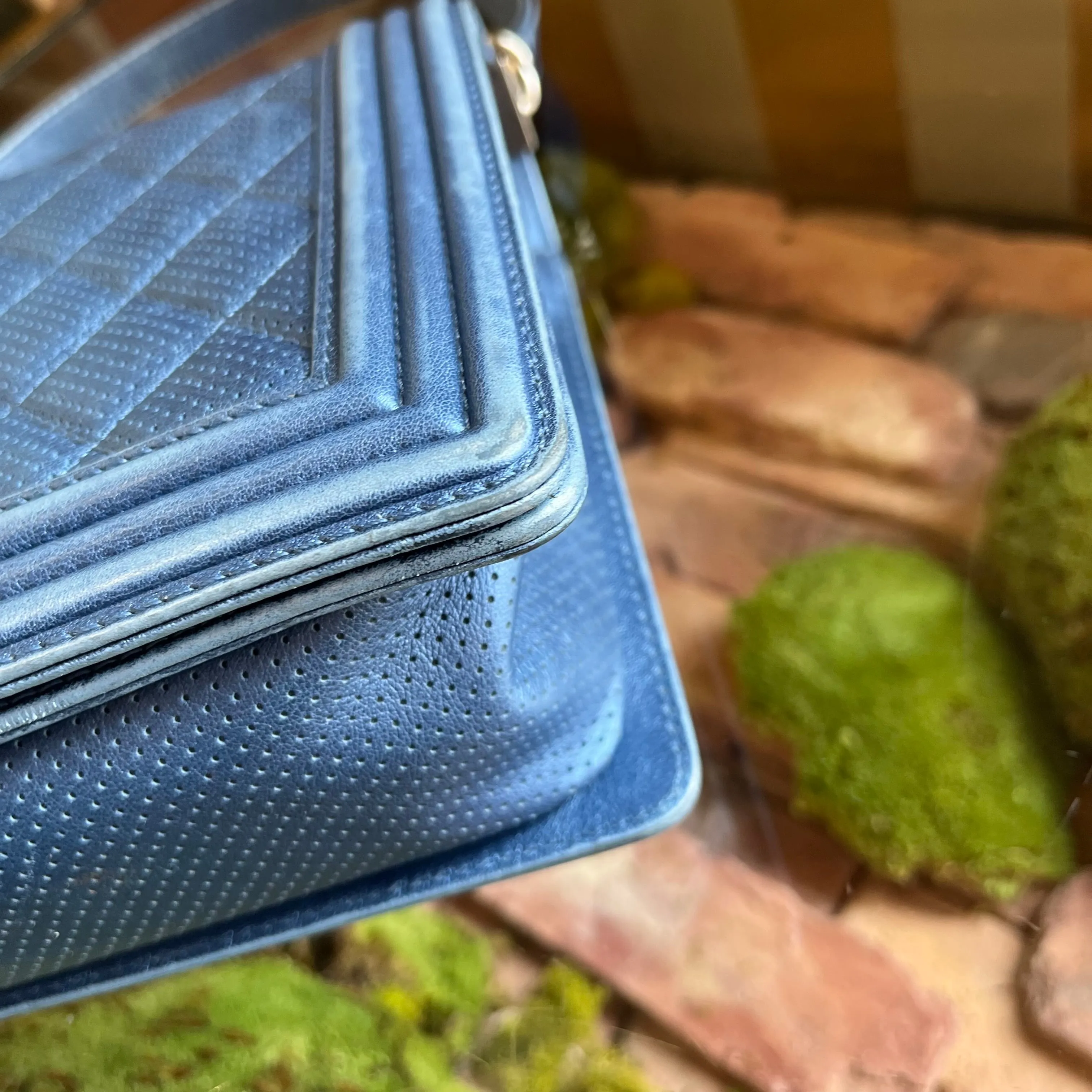 CHANEL Medium Boy Blue Metallic Calfskin Perforated Shoulder Flap Bag