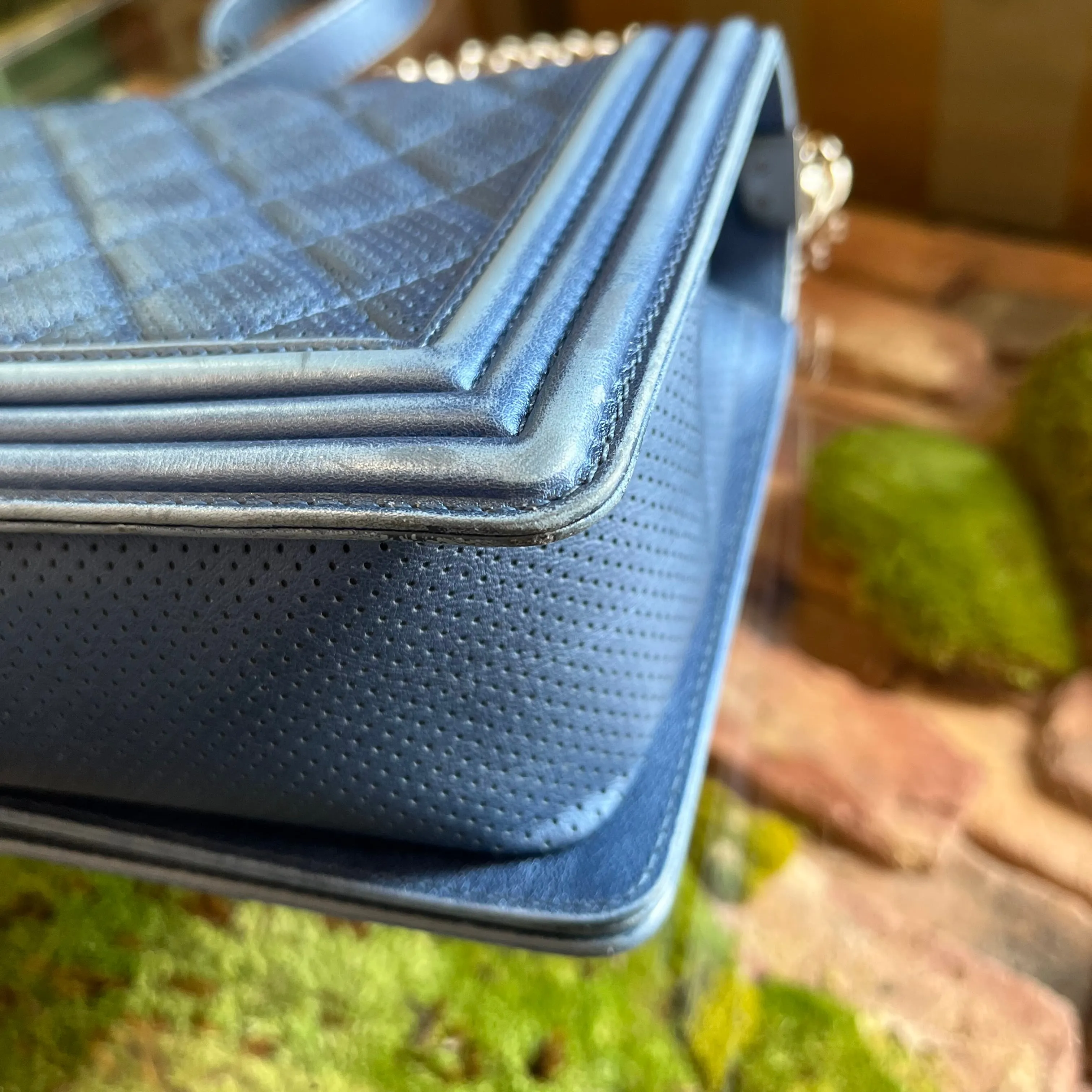 CHANEL Medium Boy Blue Metallic Calfskin Perforated Shoulder Flap Bag