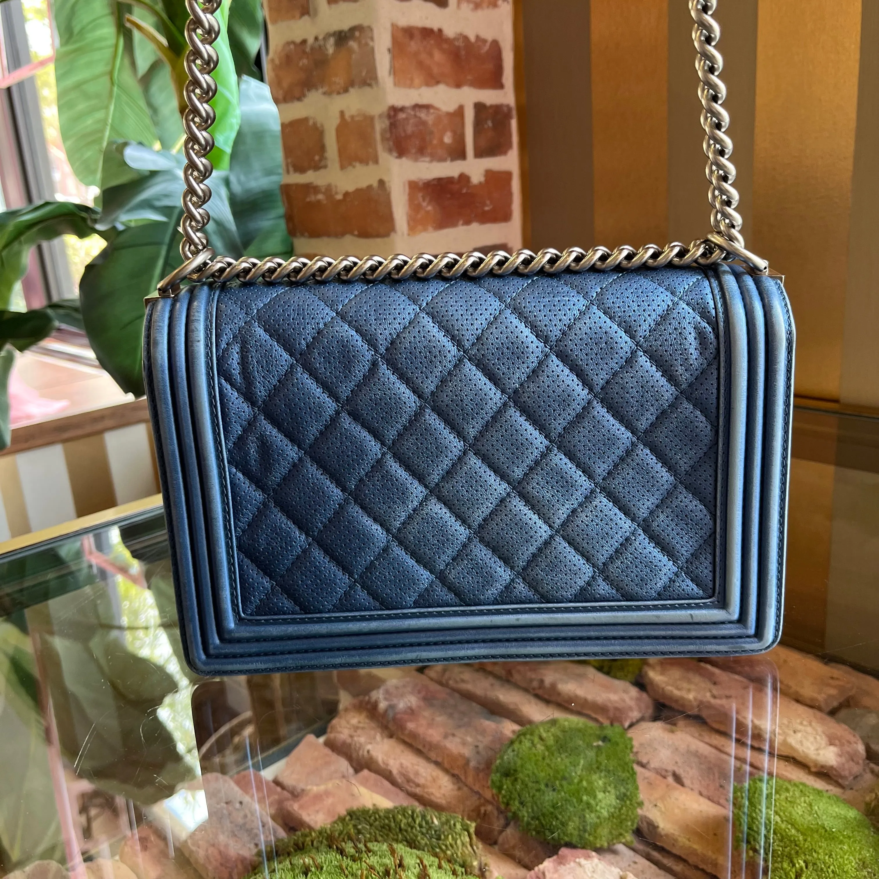 CHANEL Medium Boy Blue Metallic Calfskin Perforated Shoulder Flap Bag