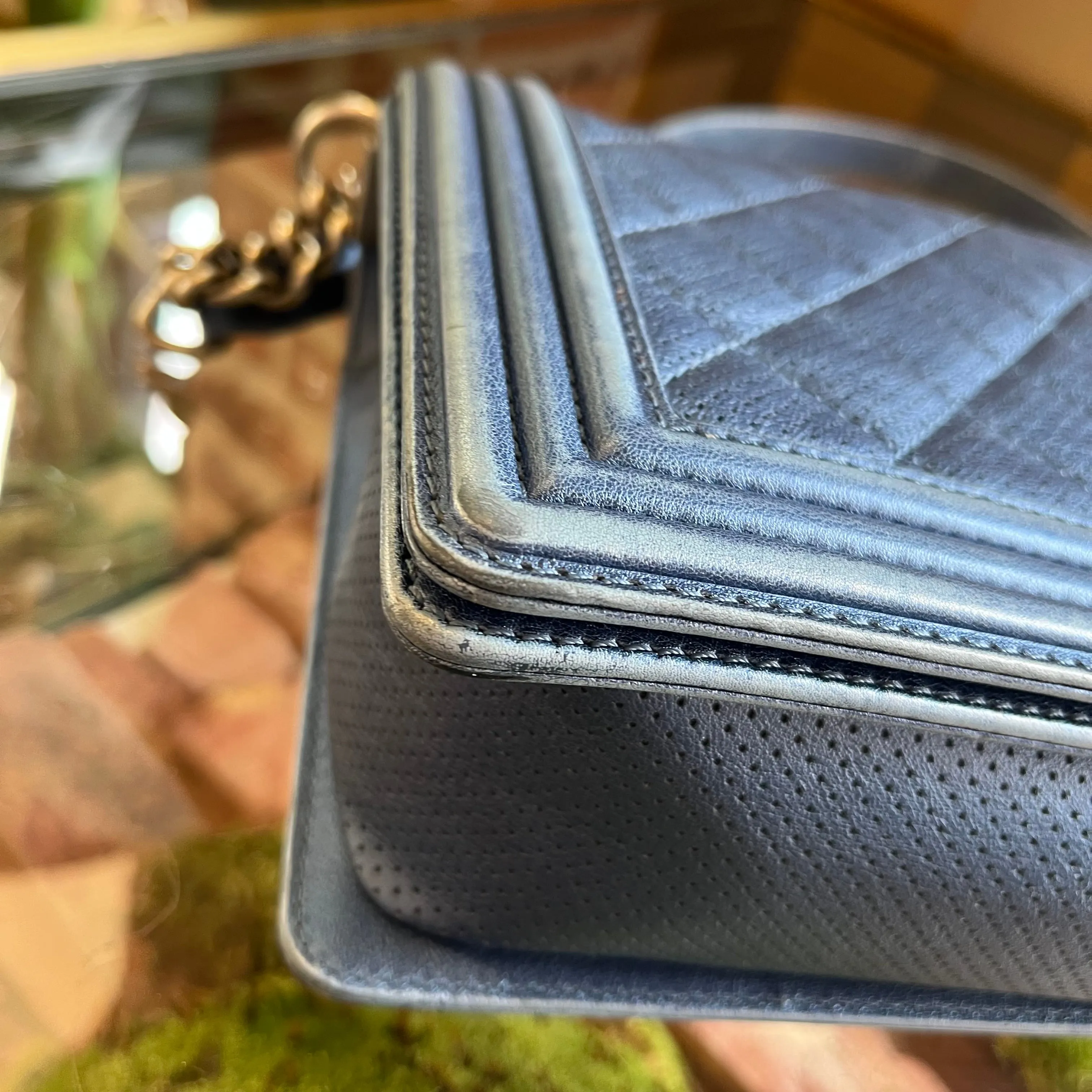 CHANEL Medium Boy Blue Metallic Calfskin Perforated Shoulder Flap Bag