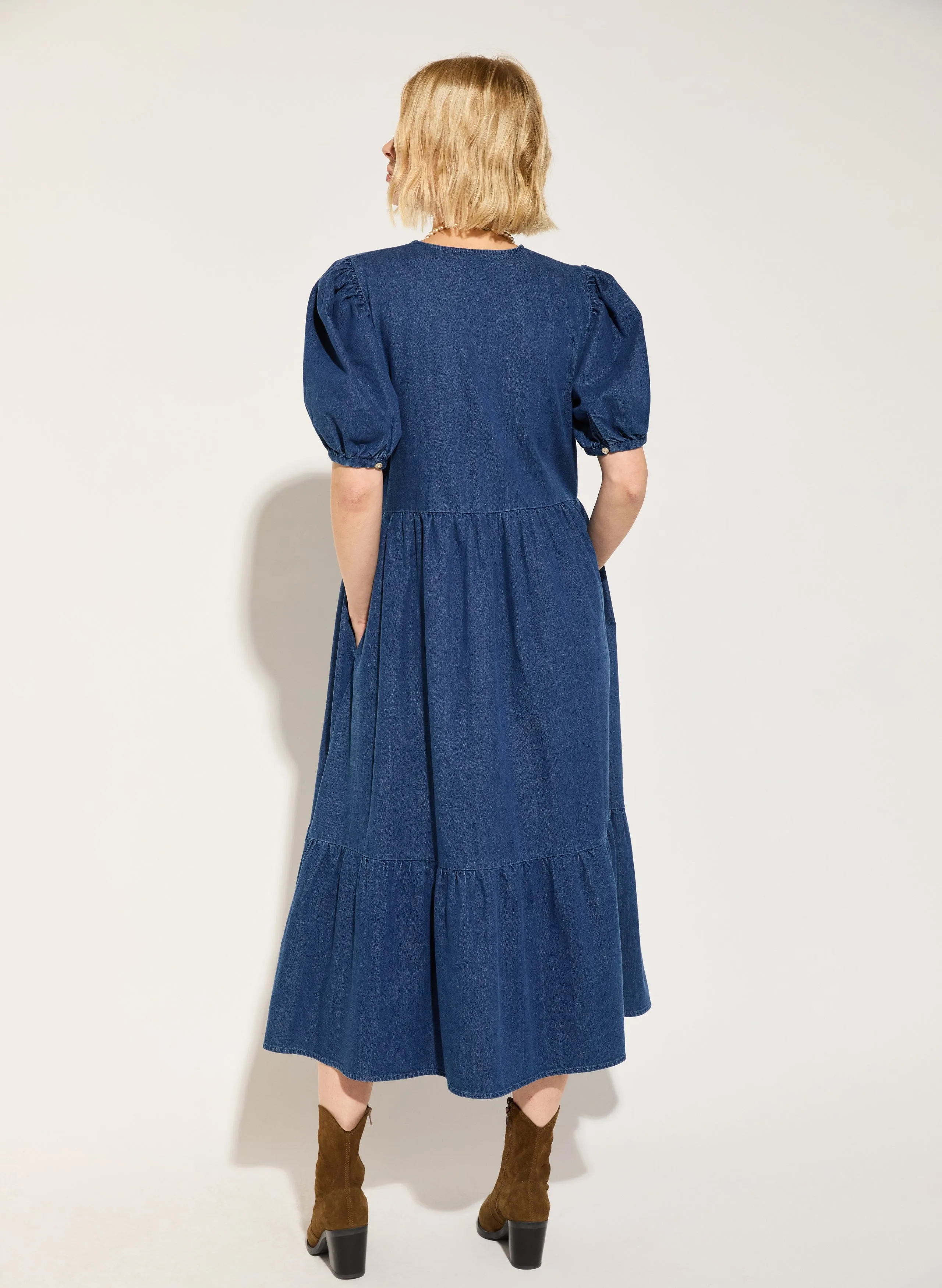 Clementina Organic Cotton Denim Midi Dress | Mid Indigo