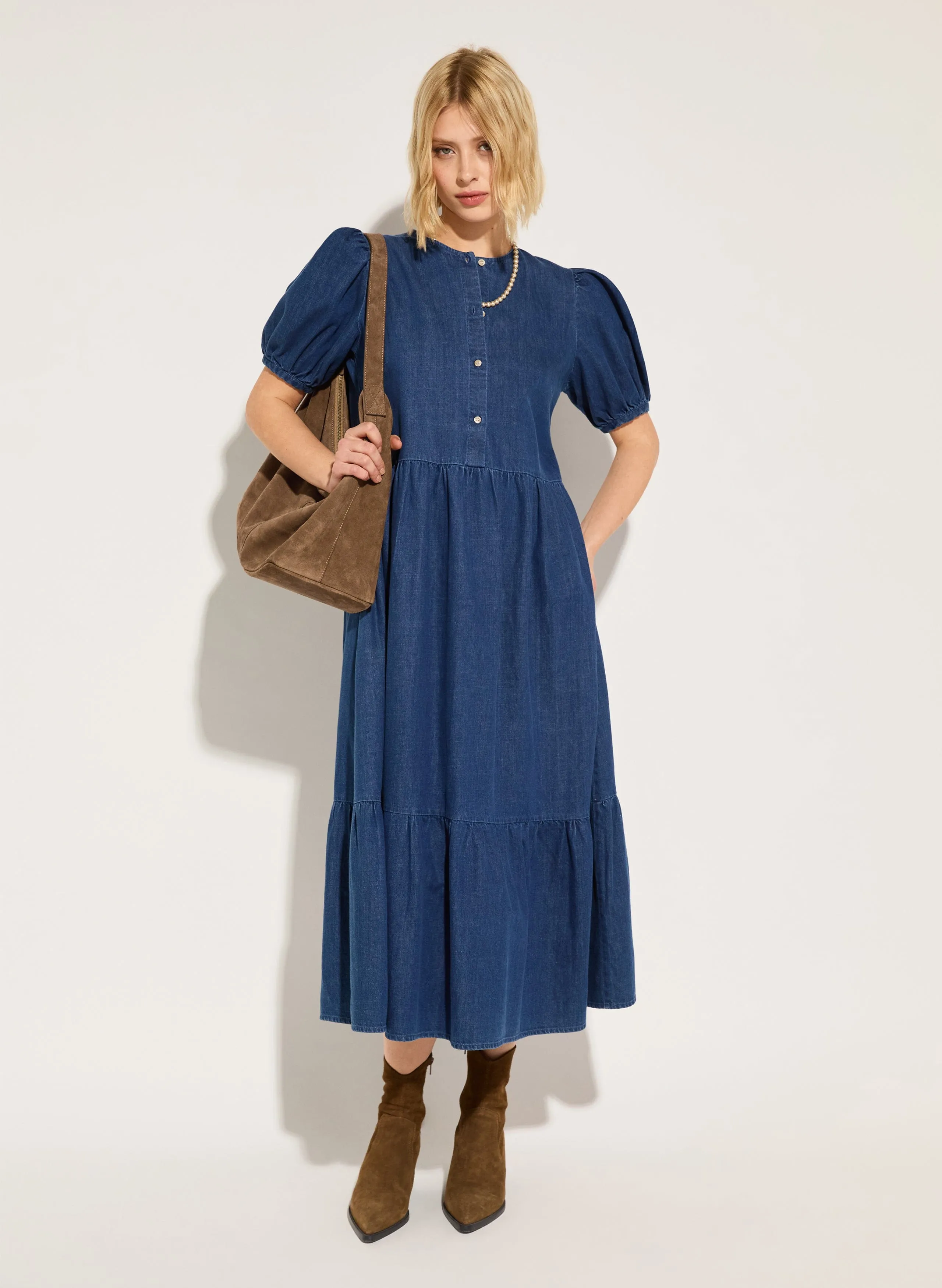 Clementina Organic Cotton Denim Midi Dress | Mid Indigo