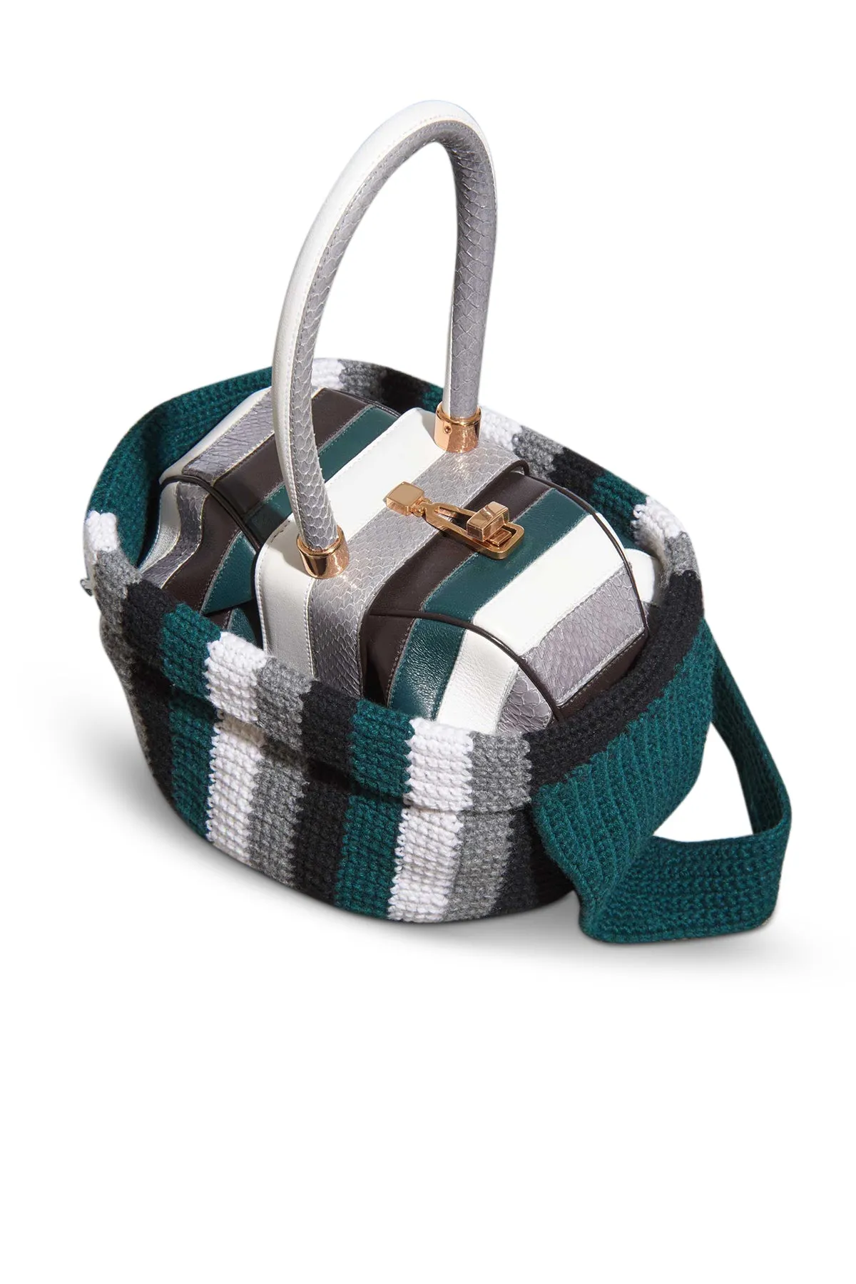 Crossover Knit Bag in Green. Ivory & Grey Cashmere