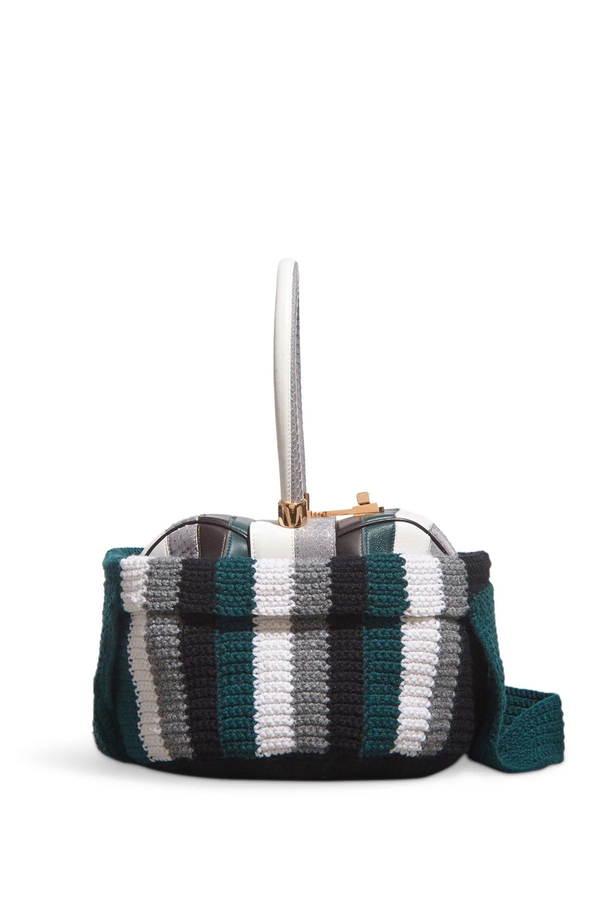 Crossover Knit Bag in Green. Ivory & Grey Cashmere
