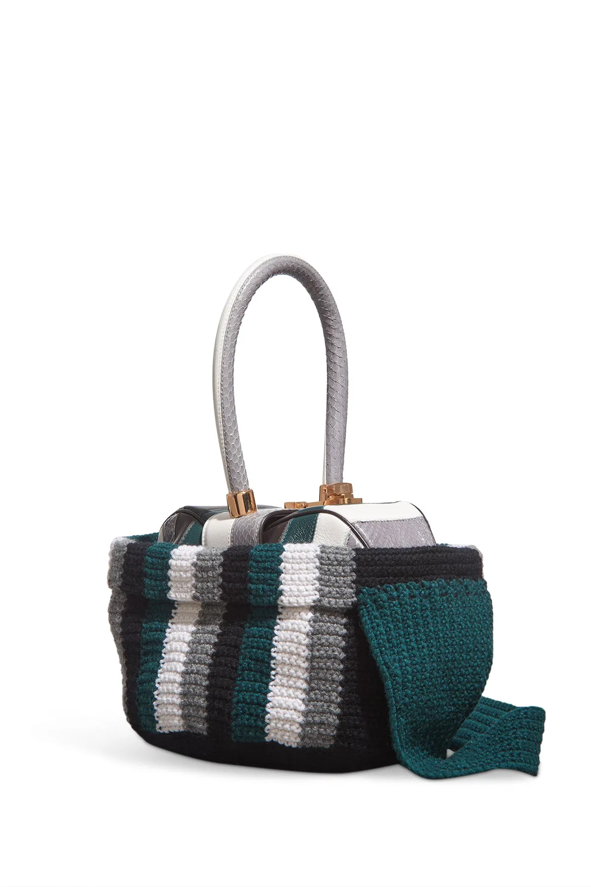 Crossover Knit Bag in Green. Ivory & Grey Cashmere