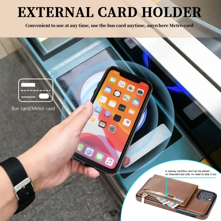For iPhone 11 Zipper Wallet Bag PU Back Cover Shockrpoof Phone Case with Holder  Card Slots