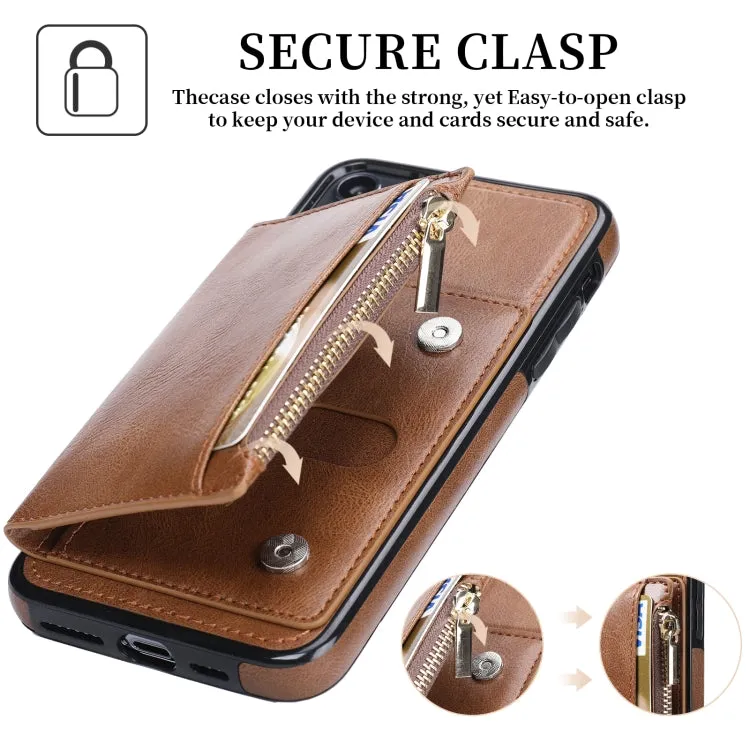 For iPhone 11 Zipper Wallet Bag PU Back Cover Shockrpoof Phone Case with Holder  Card Slots