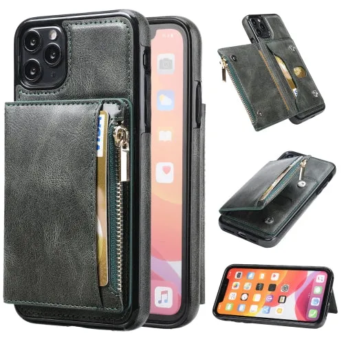 For iPhone 11 Zipper Wallet Bag PU Back Cover Shockrpoof Phone Case with Holder  Card Slots