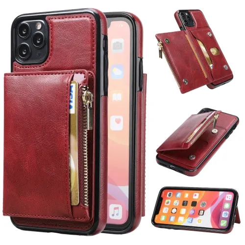 For iPhone 11 Zipper Wallet Bag PU Back Cover Shockrpoof Phone Case with Holder  Card Slots