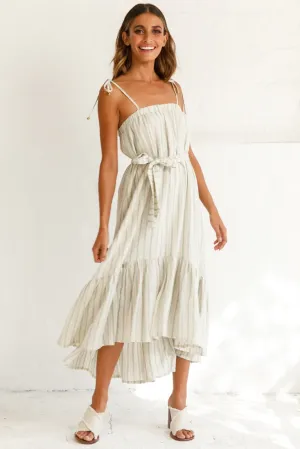 Golden Days Tied-Shoulder Midi Dress Stripe Pattern Olive