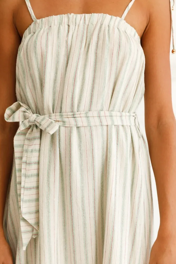 Golden Days Tied-Shoulder Midi Dress Stripe Pattern Olive
