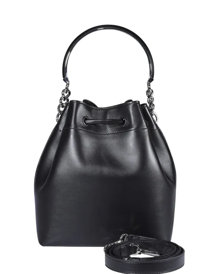 Jimmy Choo Logo Plaque Drawstring Bucket Bag