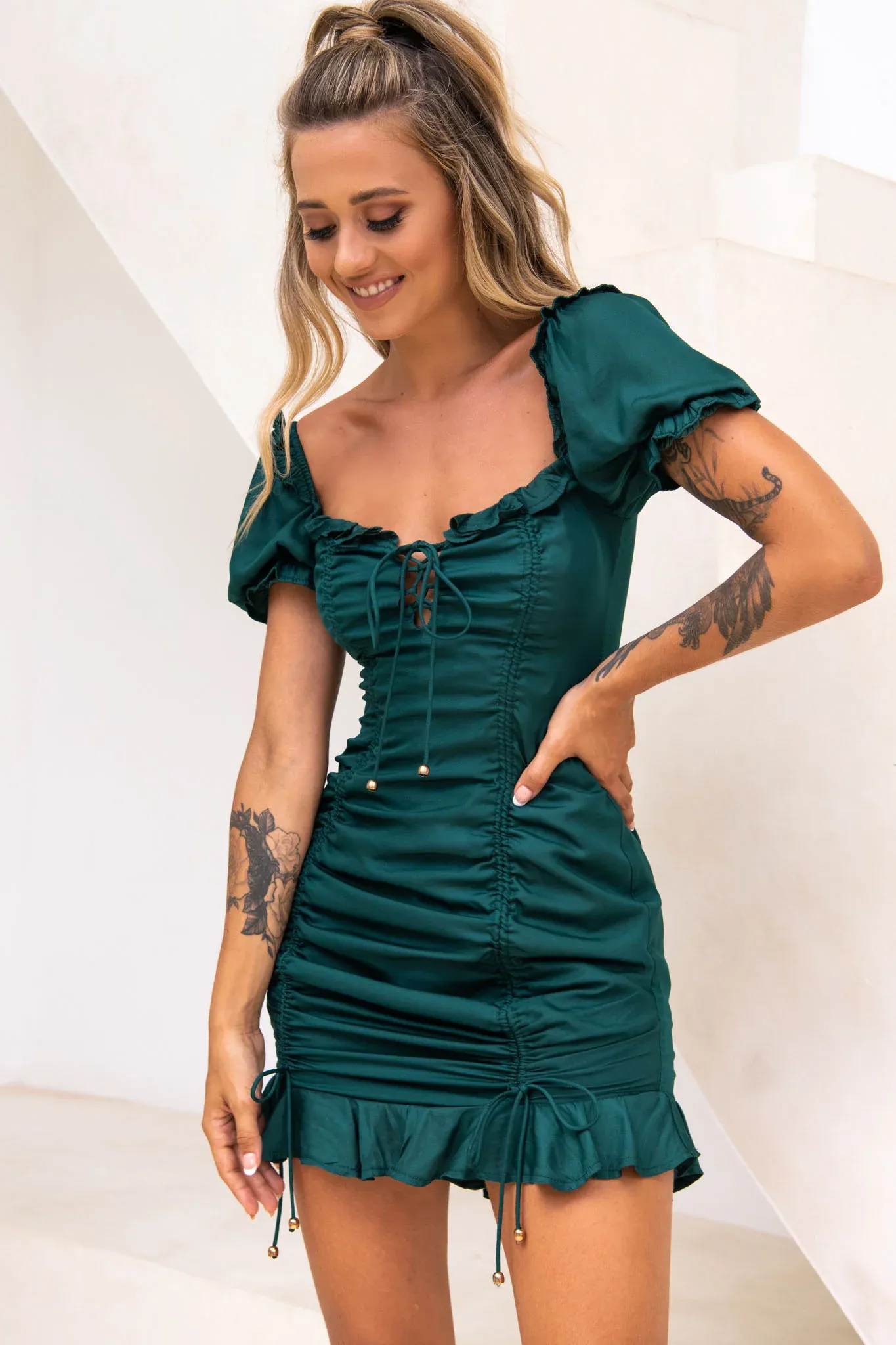 La Quinta Lace-Up Bust Drawstring Detail Dress Forest Green