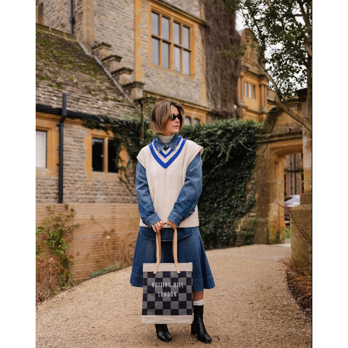 Market Bag in Navy Checker with Strap