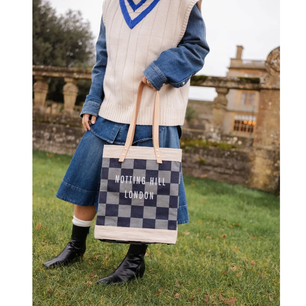 Market Bag in Navy Checker with Strap