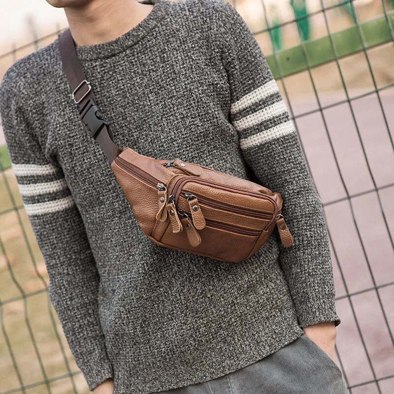 Men Genuine Leather Multi-pocket Large-capacity Multifunctional Crossbody Bag Chest Bag Sling Bag