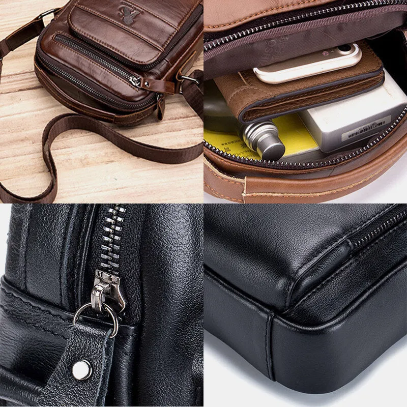 Men Genuine Leather Retro Business Casual Solid Color Leather Cowhide Shoulder Bag Crossbody Bag