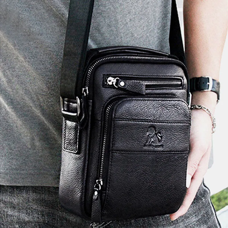 Men Genuine Leather Retro Business Casual Solid Color Leather Cowhide Shoulder Bag Crossbody Bag