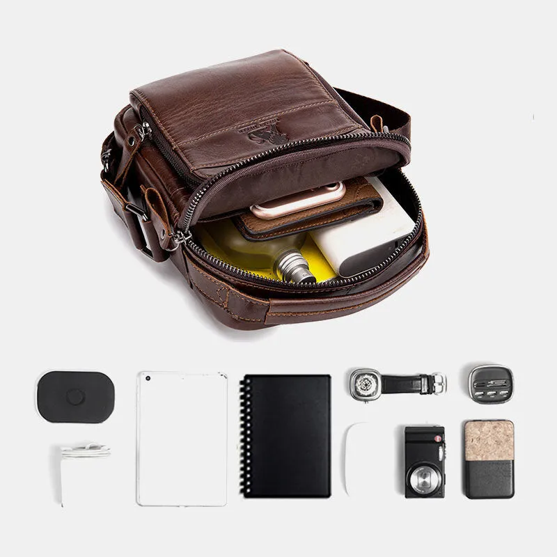 Men Genuine Leather Retro Business Casual Solid Color Leather Cowhide Shoulder Bag Crossbody Bag