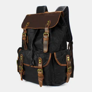 Men Oil Wax Canvas Casual Waterproof Multi-pocket Backpack Large Capacity 15.6 Inch Laptop Bag Shoulder Bag