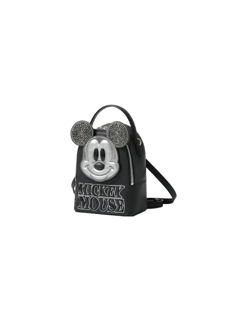 Mickey Mouse Black Embroidered Leather Backpack