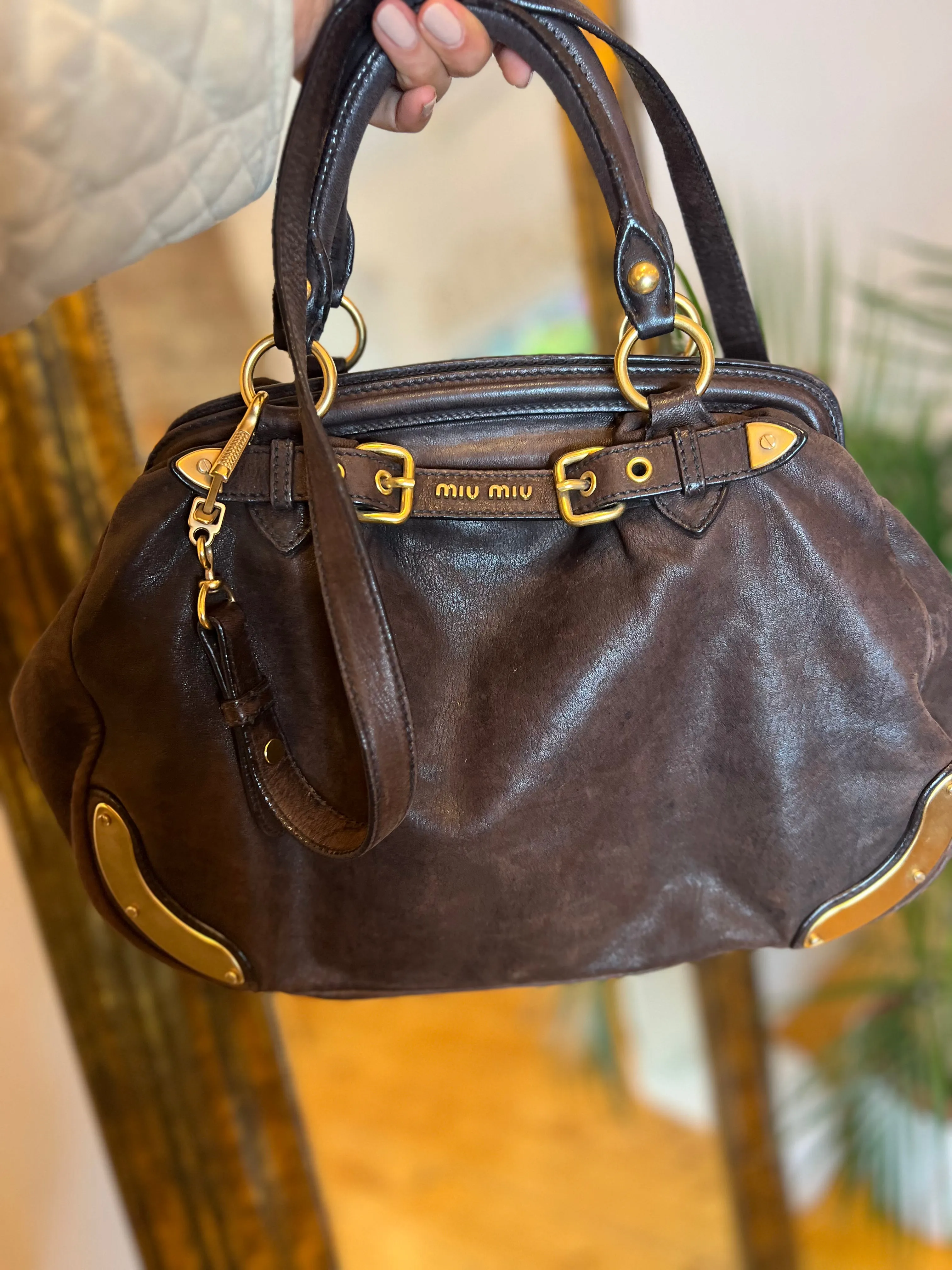 MiuMiu Brown Leather Tote with Crossbody Strap
