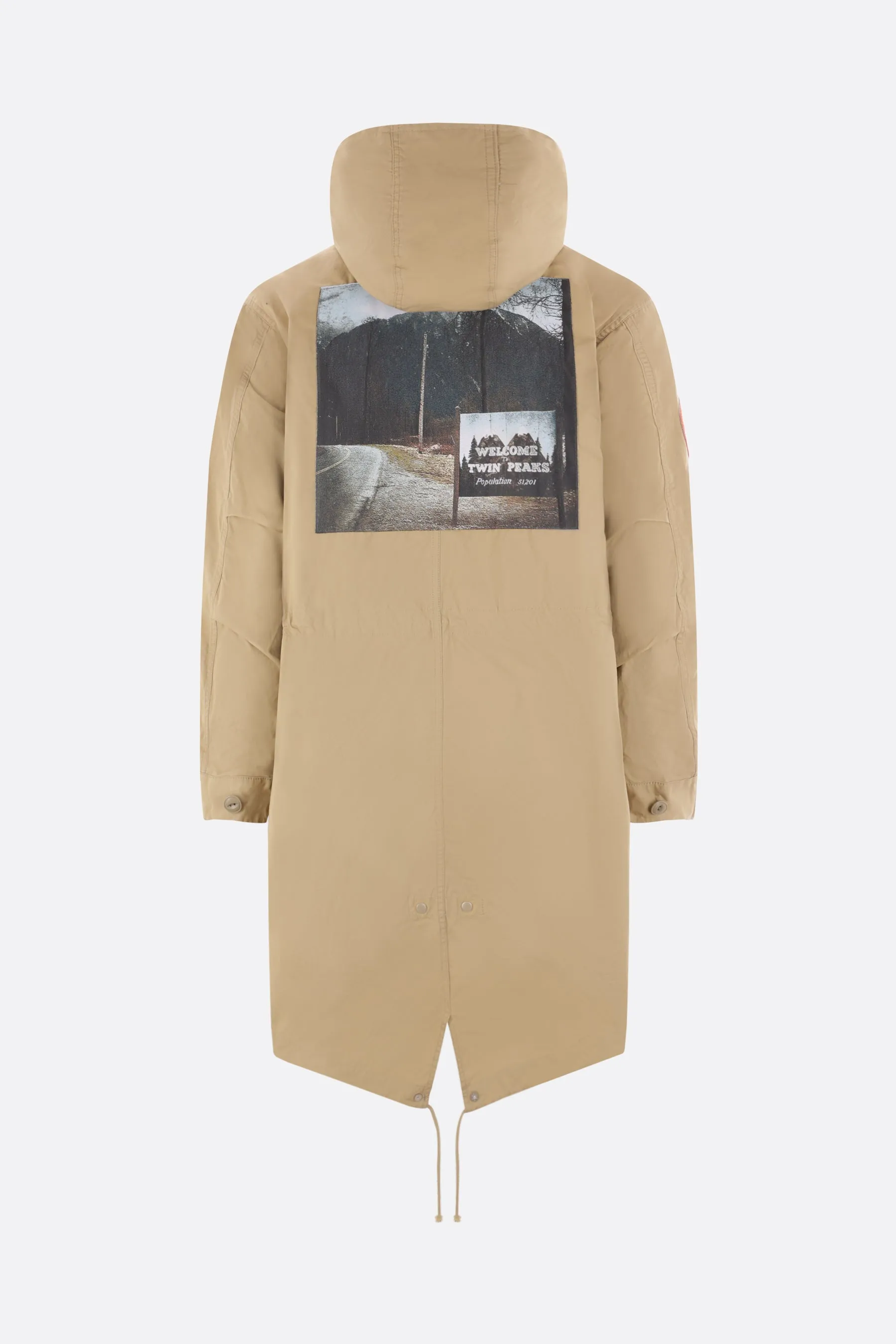 padded canvas parka with Twin Peaks patches