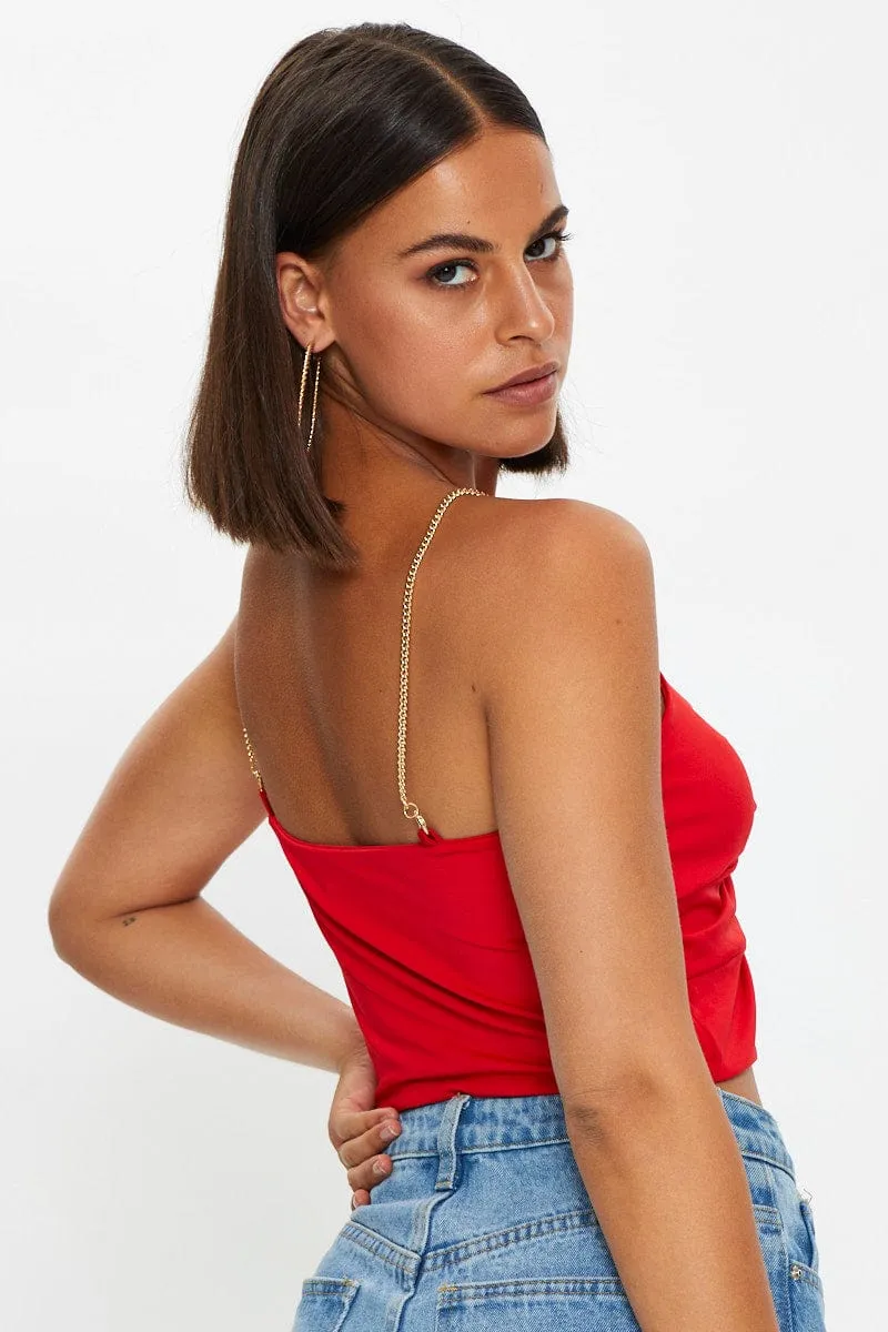 Red Chain Strap Slinky Jersey Knot Front Singlet Top