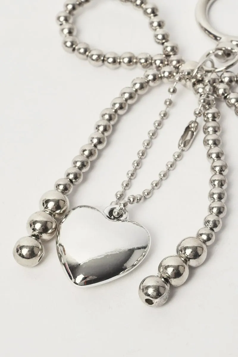 Silver Bow And Heart Keyring Bag Charm