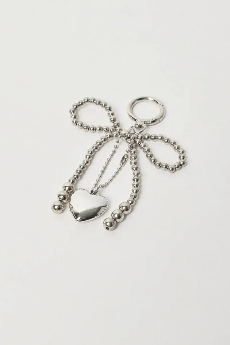 Silver Bow And Heart Keyring Bag Charm