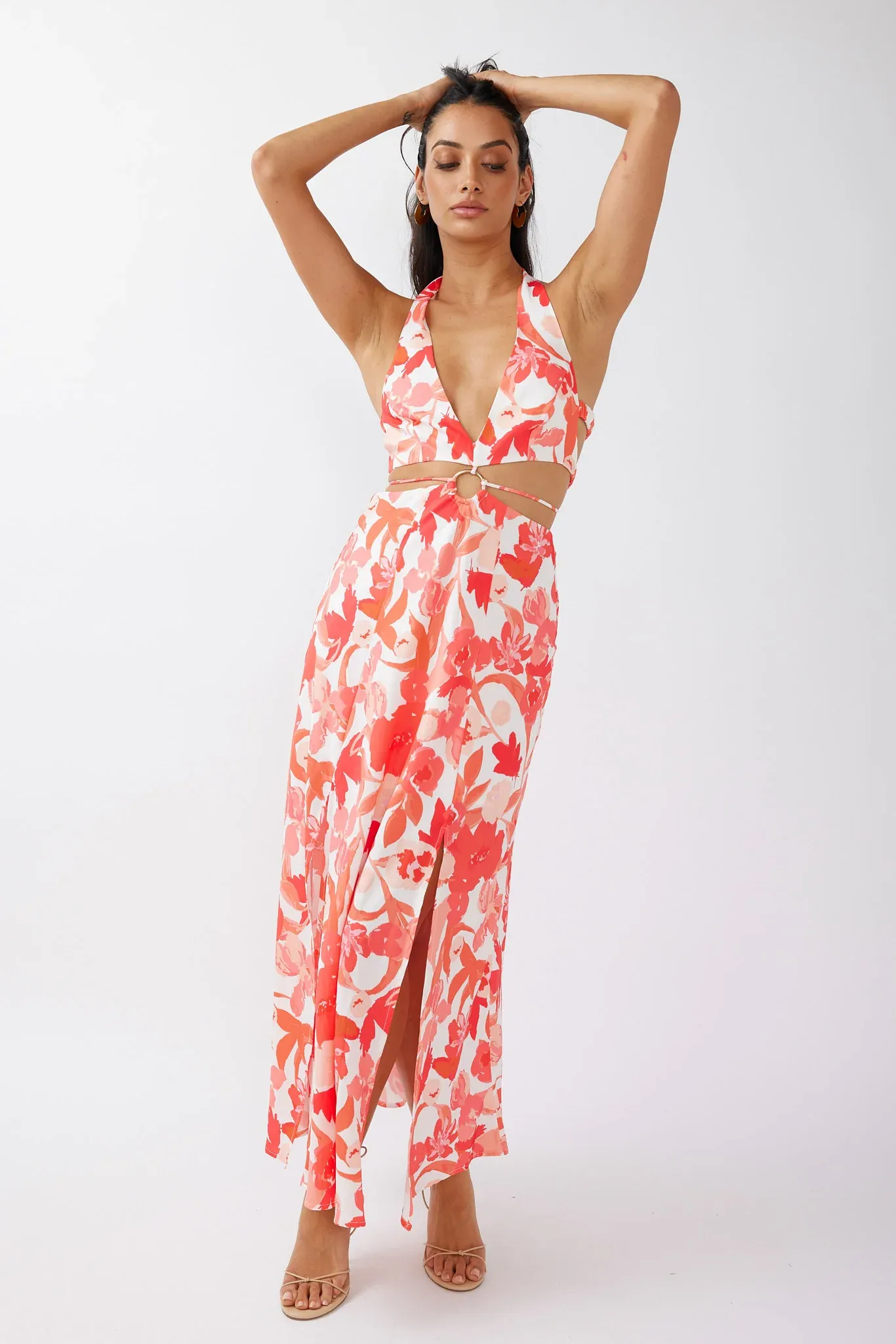 Tuscan Summers Cut-Out Midi Dress Floral Red
