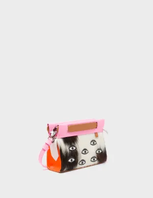 Vali Crossbody Micro Bubblegum Pink and Neon Orange Leather Bag - Eyes Applique Adjustable Handle
